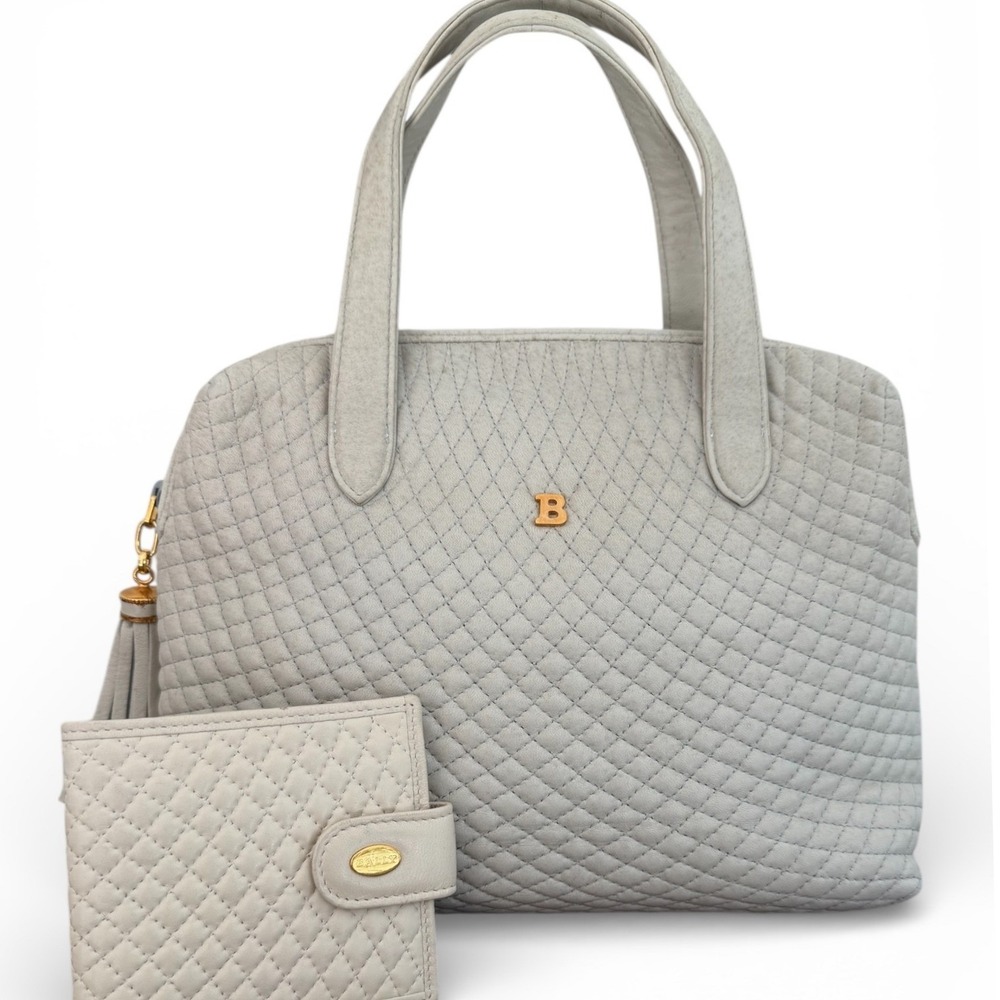 Bally Quilted Leather Satchel Handbag w/ Matching Wallet | Ivory/Cream
